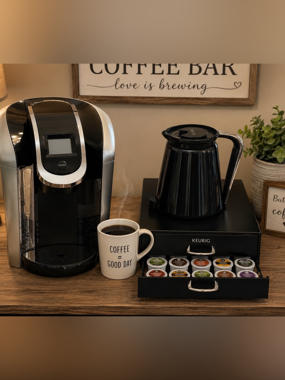 Keurig Black Coffee Pod Drawer Organizer with Black Carafe
